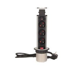 Möbelsteckdose 6cm, 3x250V AC herausziehbar aus Tischplatte mit Schloss und 1,8 m Kabel, silber, Orno OR-AE-1347